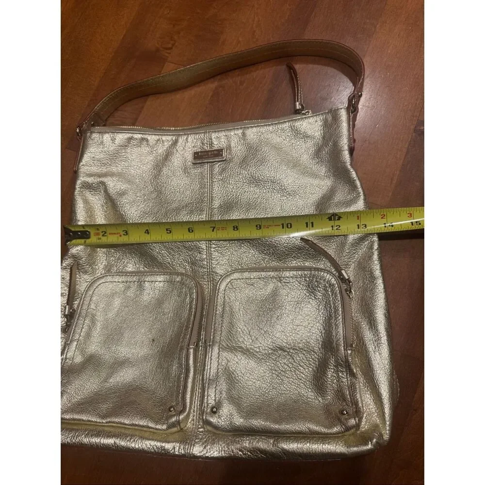 Kate Spade New York Metallic Gold Leather Shoulder Bag Tote Purse Striped Lining
